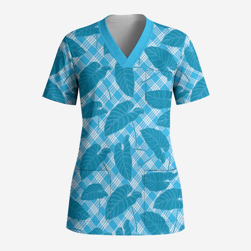 Blue Hawaii Kalo Palaka Motifs Scrub Top Hawaiian Taro Leaves Elegant Vibes - Polynesian Pride