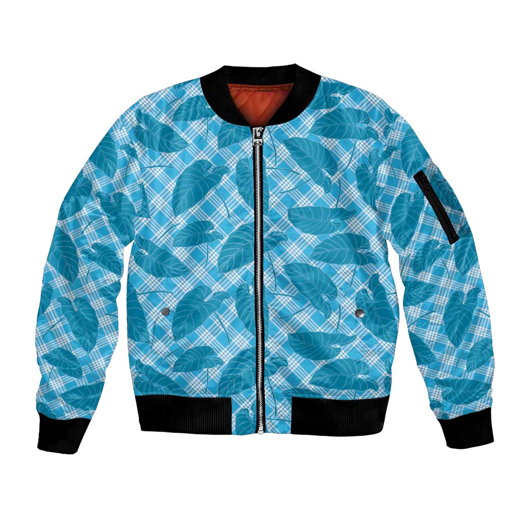 Blue Hawaii Kalo Palaka Motifs Sleeve Zip Bomber Jacket Hawaiian Taro Leaves Elegant Vibes - Polynesian Pride