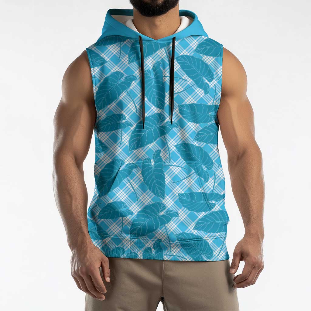 Blue Hawaii Kalo Palaka Motifs Sleeveless Hoodie Hawaiian Taro Leaves Elegant Vibes - Polynesian Pride