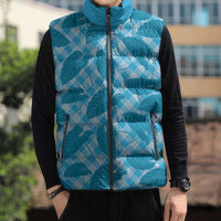 Blue Hawaii Kalo Palaka Motifs Sleeveless Puffer Jacket Hawaiian Taro Leaves Elegant Vibes - Polynesian Pride