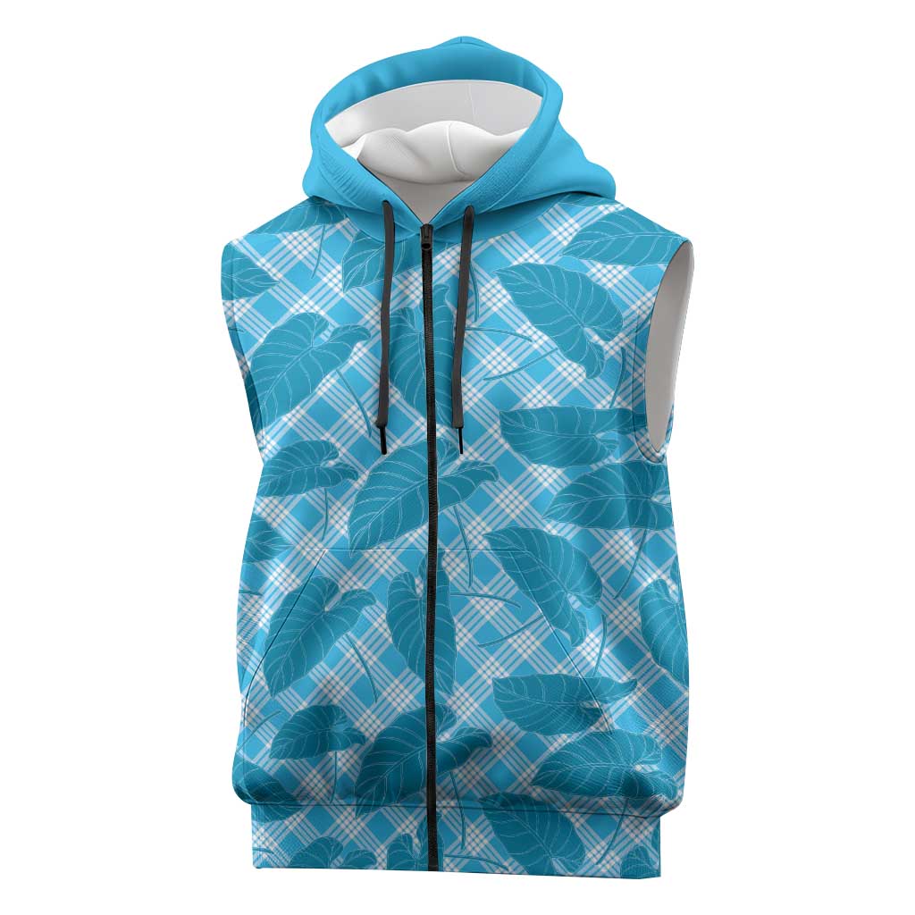 Blue Hawaii Kalo Palaka Motifs Sleeveless Zip Hoodie Hawaiian Taro Leaves Elegant Vibes - Polynesian Pride