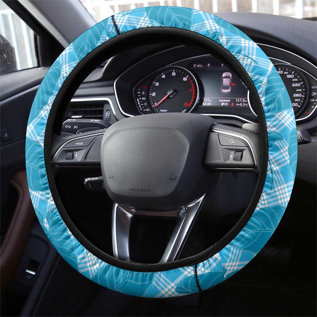 Blue Hawaii Kalo Palaka Motifs Steering Wheel Cover Hawaiian Taro Leaves Elegant Vibes - Polynesian Pride