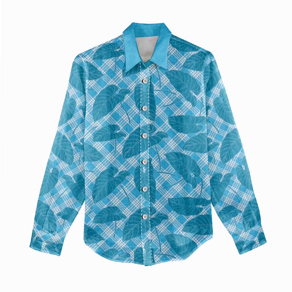 Blue Hawaii Kalo Palaka Motifs Women Casual Shirt Hawaiian Taro Leaves Elegant Vibes - Polynesian Pride