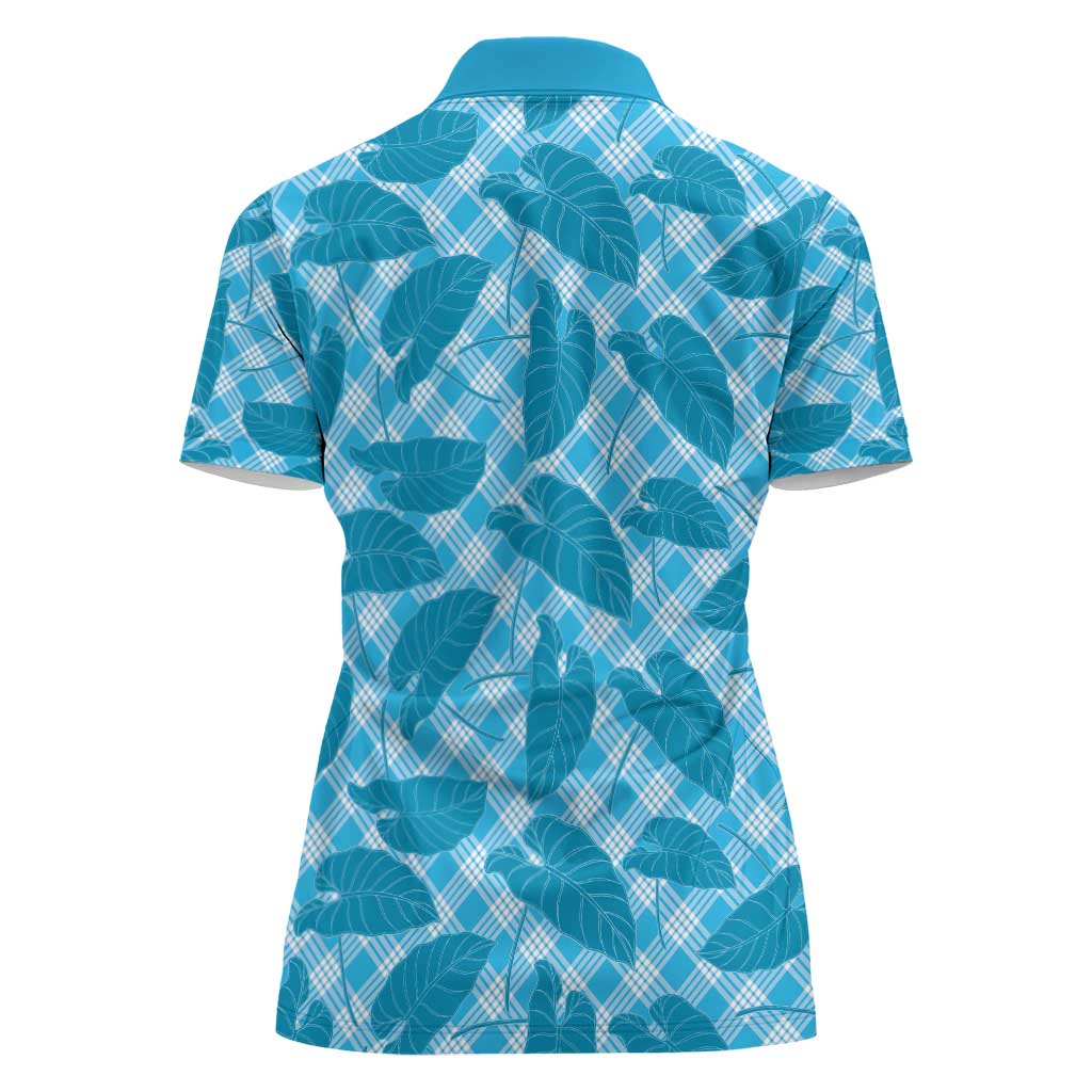 Blue Hawaii Kalo Palaka Motifs Women Polo Shirt Hawaiian Taro Leaves Elegant Vibes - Polynesian Pride