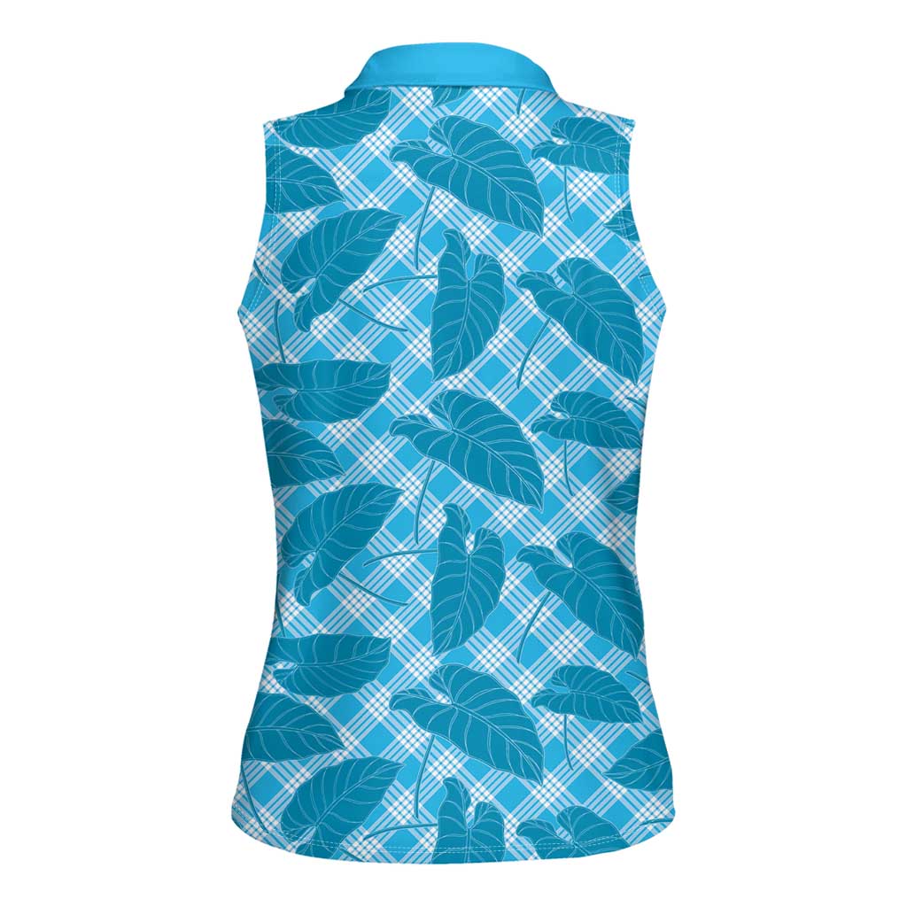 Blue Hawaii Kalo Palaka Motifs Women Sleeveless Polo Shirt Hawaiian Taro Leaves Elegant Vibes - Polynesian Pride