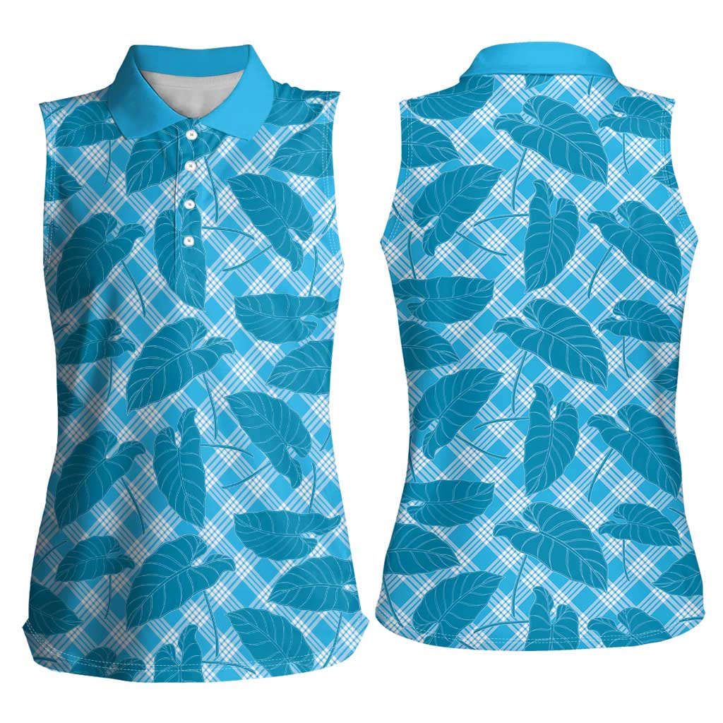 Blue Hawaii Kalo Palaka Motifs Women Sleeveless Polo Shirt Hawaiian Taro Leaves Elegant Vibes - Polynesian Pride