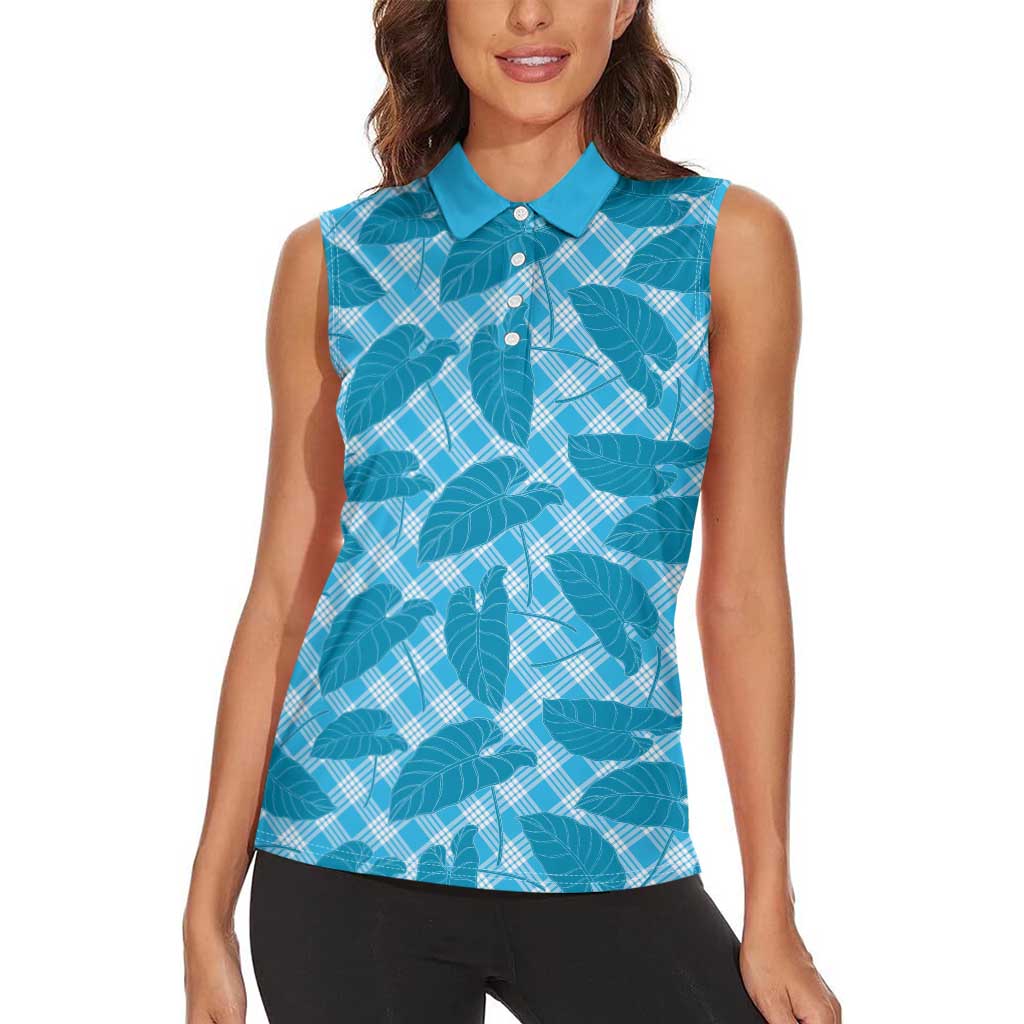 Blue Hawaii Kalo Palaka Motifs Women Sleeveless Polo Shirt Hawaiian Taro Leaves Elegant Vibes - Polynesian Pride