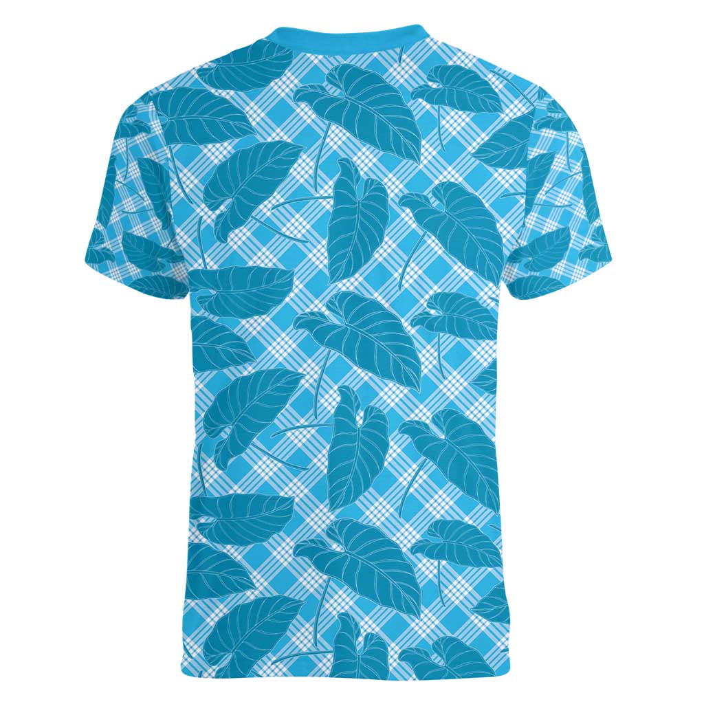 Blue Hawaii Kalo Palaka Motifs Women V-Neck T-Shirt Hawaiian Taro Leaves Elegant Vibes - Polynesian Pride