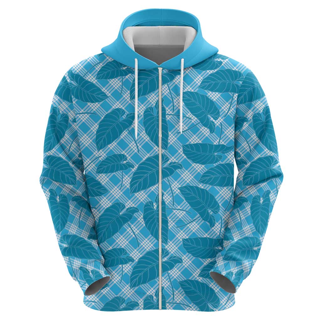 Blue Hawaii Kalo Palaka Motifs Zip Hoodie Hawaiian Taro Leaves Elegant Vibes - Polynesian Pride