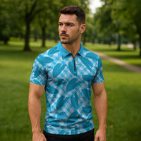 Blue Hawaii Kalo Palaka Motifs Zipper Polo Shirt Hawaiian Taro Leaves Elegant Vibes - Polynesian Pride