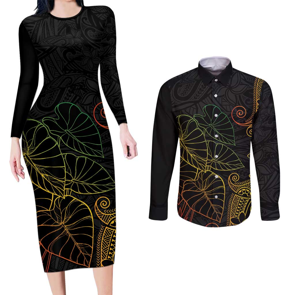 Aloha Hawaii Kalo Couples Matching Long Sleeve Bodycon Dress and Long Sleeve Button Shirt Reggae Taro Polynesian Pattern - Polynesian Pride