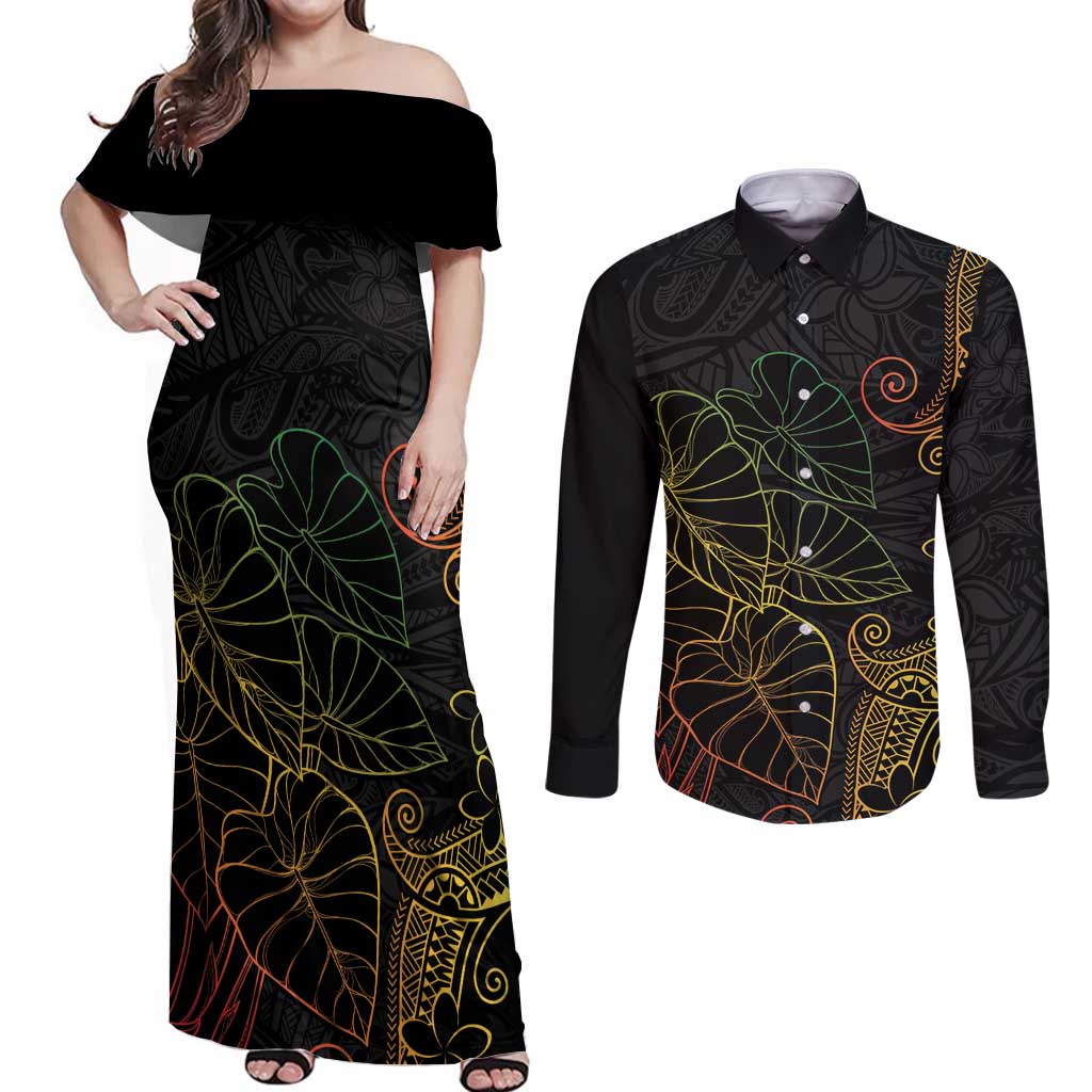 Aloha Hawaii Kalo Couples Matching Off Shoulder Maxi Dress and Long Sleeve Button Shirt Reggae Taro Polynesian Pattern LT14 Black - Polynesian Pride