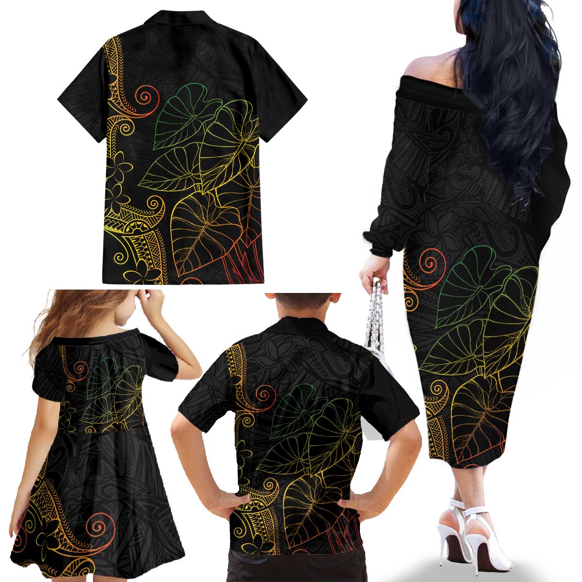 Aloha Hawaii Kalo Family Matching Off The Shoulder Long Sleeve Dress and Hawaiian Shirt Reggae Taro Polynesian Pattern - Polynesian Pride