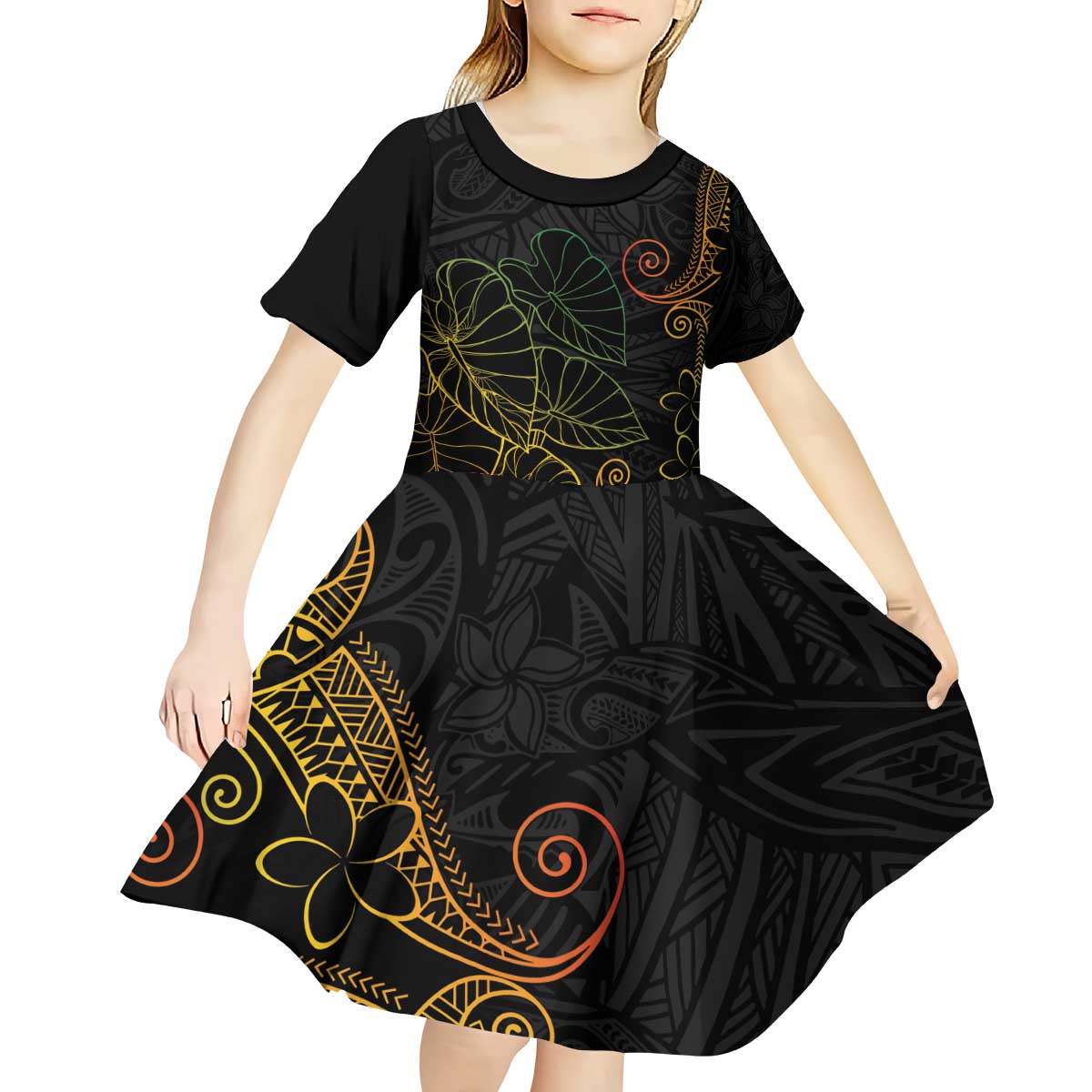 Aloha Hawaii Kalo Kid Short Sleeve Dress Reggae Taro Polynesian Pattern - Polynesian Pride