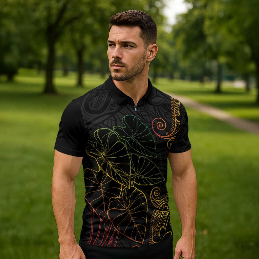 Aloha Hawaii Kalo Zipper Polo Shirt Reggae Taro Polynesian Pattern - Polynesian Pride