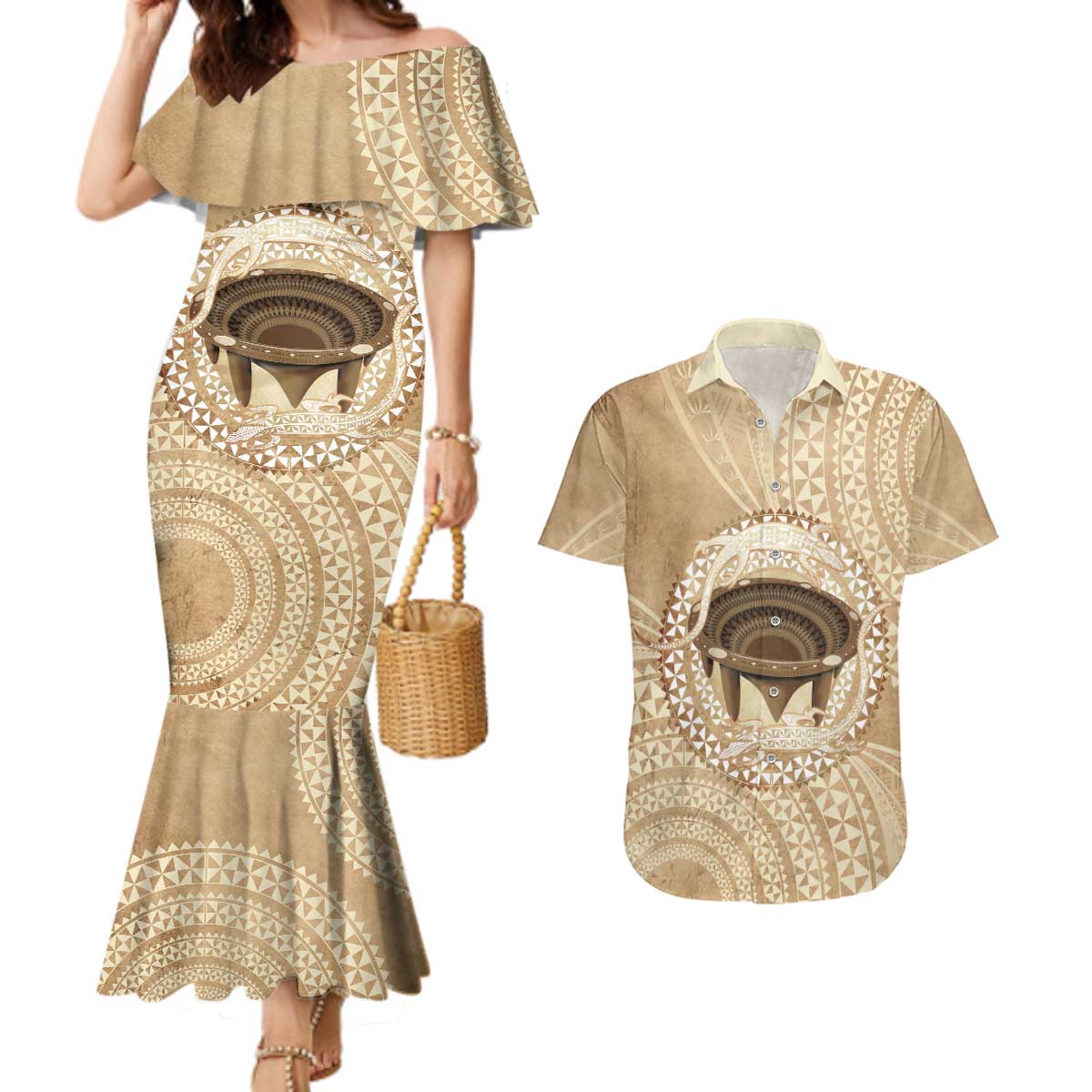 Tonga Skink Kava Bowl Couples Matching Mermaid Dress and Hawaiian Shirt Vintage Tongan Ngatu Pattern