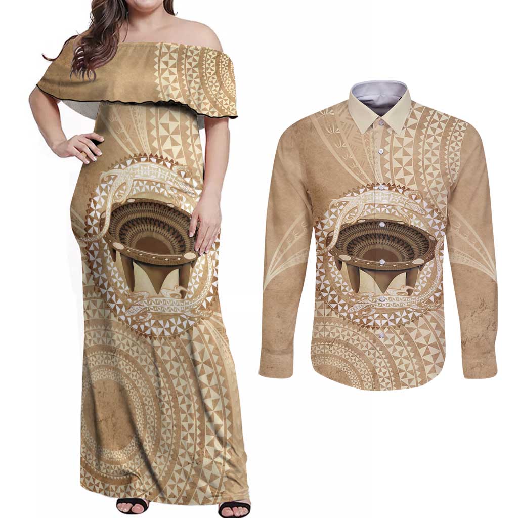 Tonga Skink Kava Bowl Couples Matching Off Shoulder Maxi Dress and Long Sleeve Button Shirt Vintage Tongan Ngatu Pattern