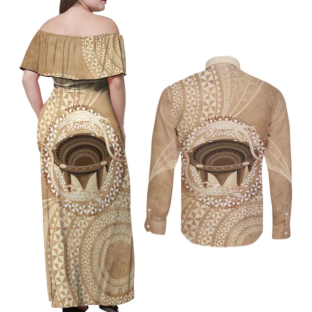 Tonga Skink Kava Bowl Couples Matching Off Shoulder Maxi Dress and Long Sleeve Button Shirt Vintage Tongan Ngatu Pattern