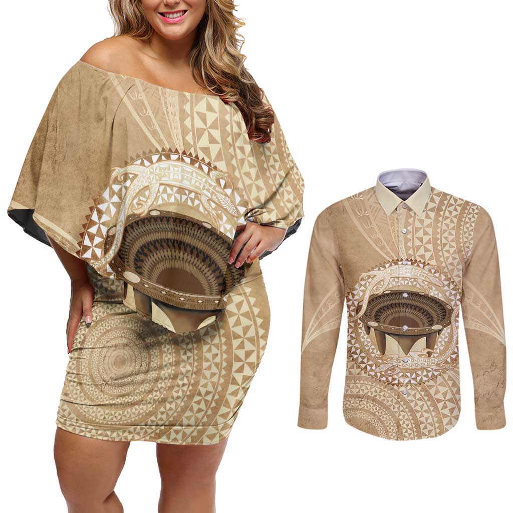 Tonga Skink Kava Bowl Couples Matching Off Shoulder Short Dress and Long Sleeve Button Shirt Vintage Tongan Ngatu Pattern