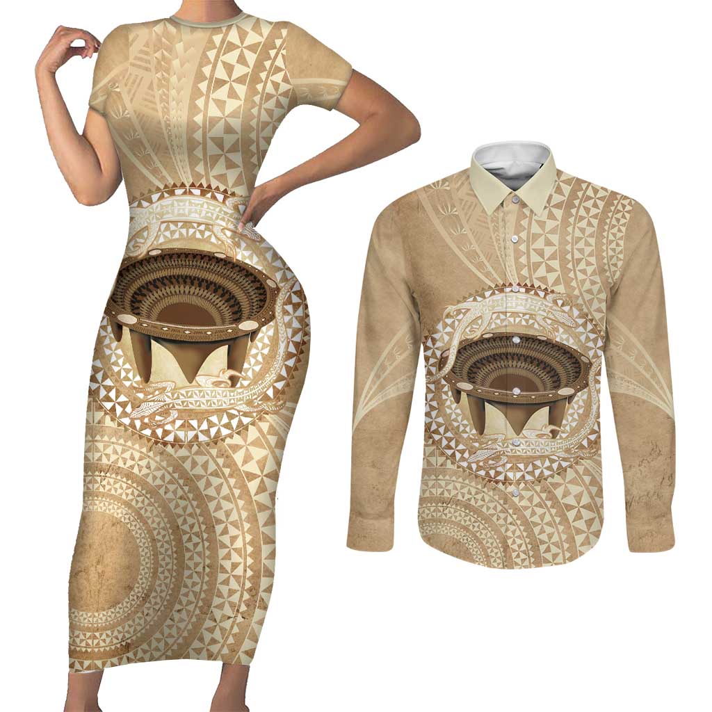 Tonga Skink Kava Bowl Couples Matching Short Sleeve Bodycon Dress and Long Sleeve Button Shirt Vintage Tongan Ngatu Pattern