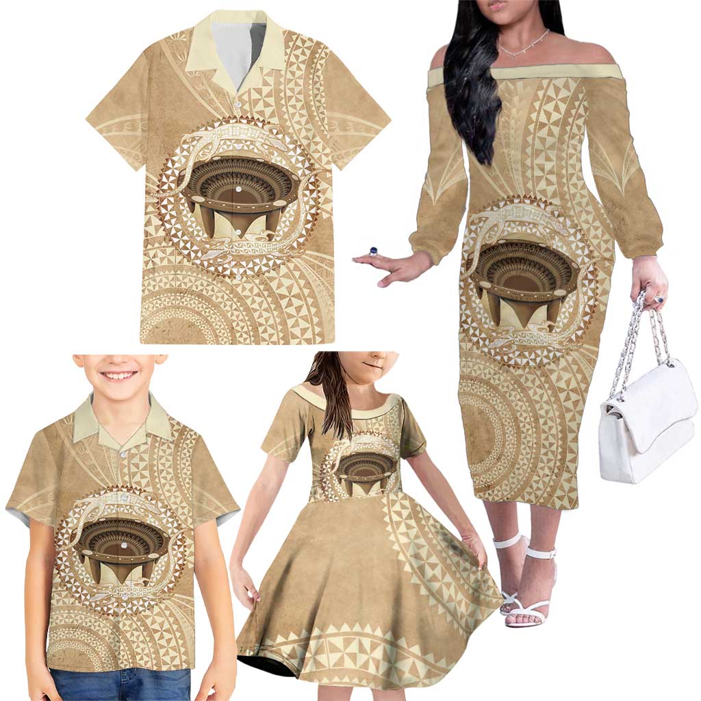 Tonga Skink Kava Bowl Family Matching Off The Shoulder Long Sleeve Dress and Hawaiian Shirt Vintage Tongan Ngatu Pattern