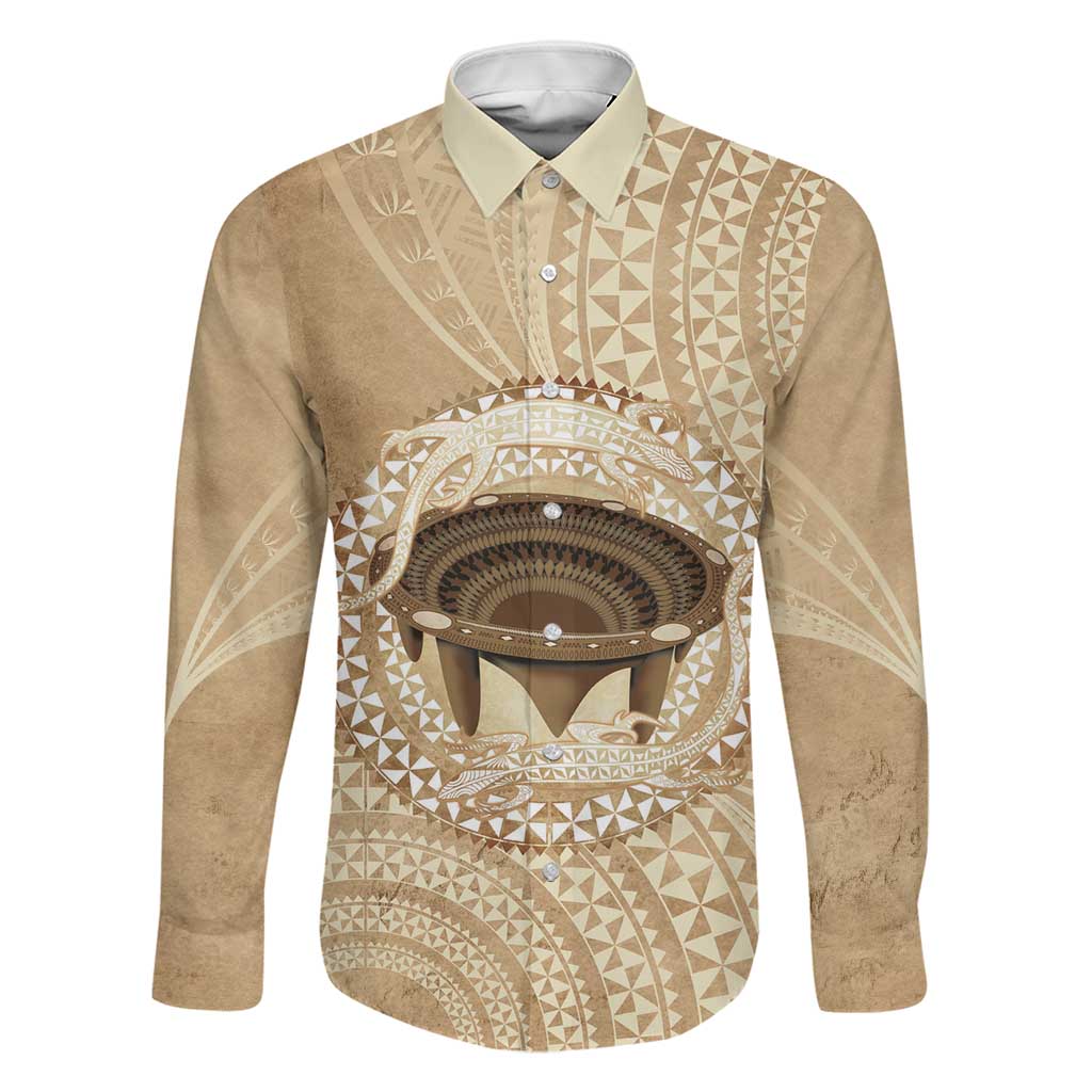 Tonga Skink Kava Bowl Family Matching Summer Maxi Dress and Hawaiian Shirt Vintage Tongan Ngatu Pattern LT14 Dad's Shirt - Long Sleeve Brown - Polynesian Pride