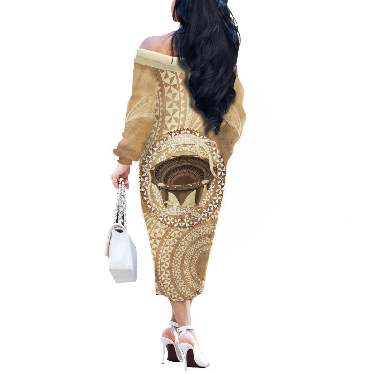 Tonga Skink Kava Bowl Off The Shoulder Long Sleeve Dress Vintage Tongan Ngatu Pattern LT14 - Polynesian Pride