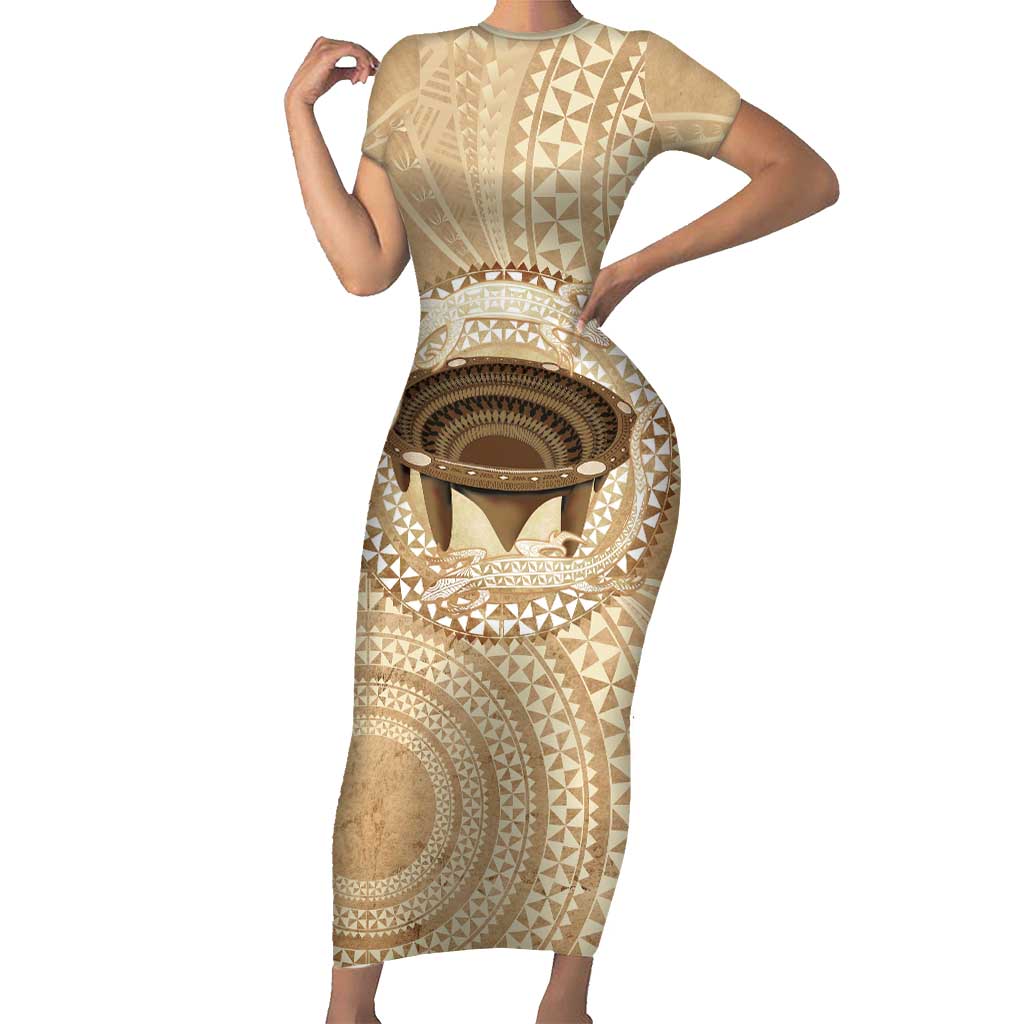 Tonga Skink Kava Bowl Short Sleeve Bodycon Dress Vintage Tongan Ngatu Pattern