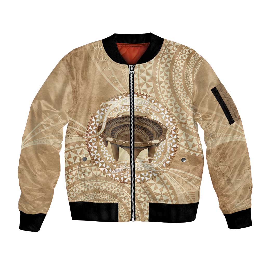 Tonga Skink Kava Bowl Sleeve Zip Bomber Jacket Vintage Tongan Ngatu Pattern LT14 Unisex Brown - Polynesian Pride