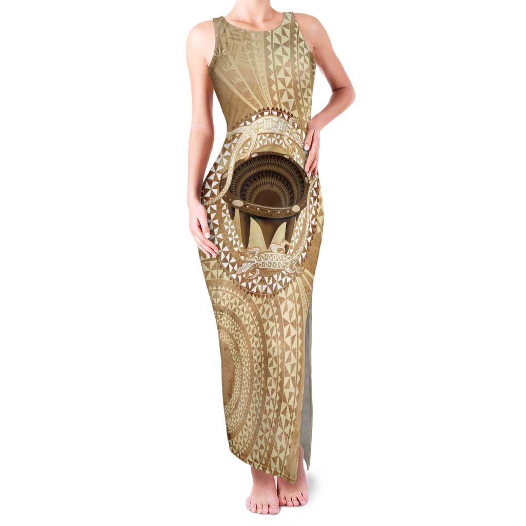 Tonga Skink Kava Bowl Tank Maxi Dress Vintage Tongan Ngatu Pattern