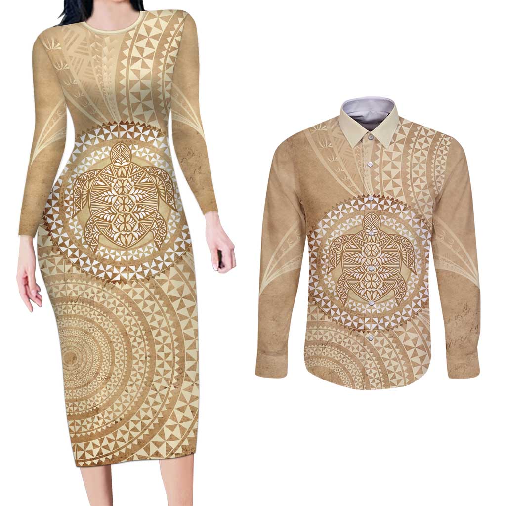 Tonga Ngatu Turtle Couples Matching Long Sleeve Bodycon Dress and Long Sleeve Button Shirt Vintage Tongan Tapa Cloth