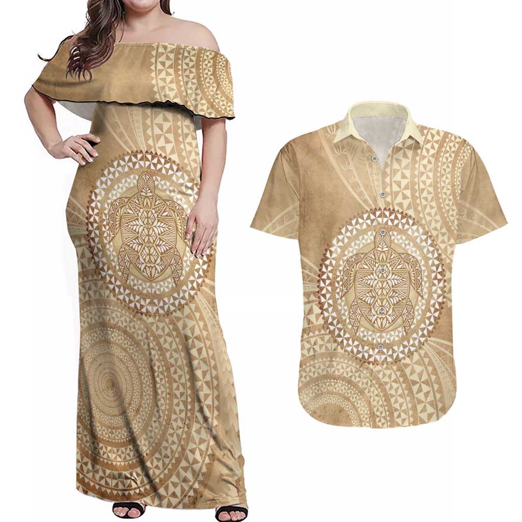 Tonga Ngatu Turtle Couples Matching Off Shoulder Maxi Dress and Hawaiian Shirt Vintage Tongan Tapa Cloth