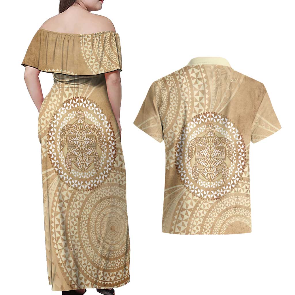 Tonga Ngatu Turtle Couples Matching Off Shoulder Maxi Dress and Hawaiian Shirt Vintage Tongan Tapa Cloth