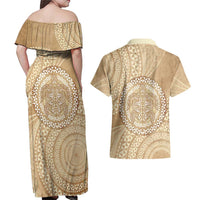 Tonga Ngatu Turtle Couples Matching Off Shoulder Maxi Dress and Hawaiian Shirt Vintage Tongan Tapa Cloth