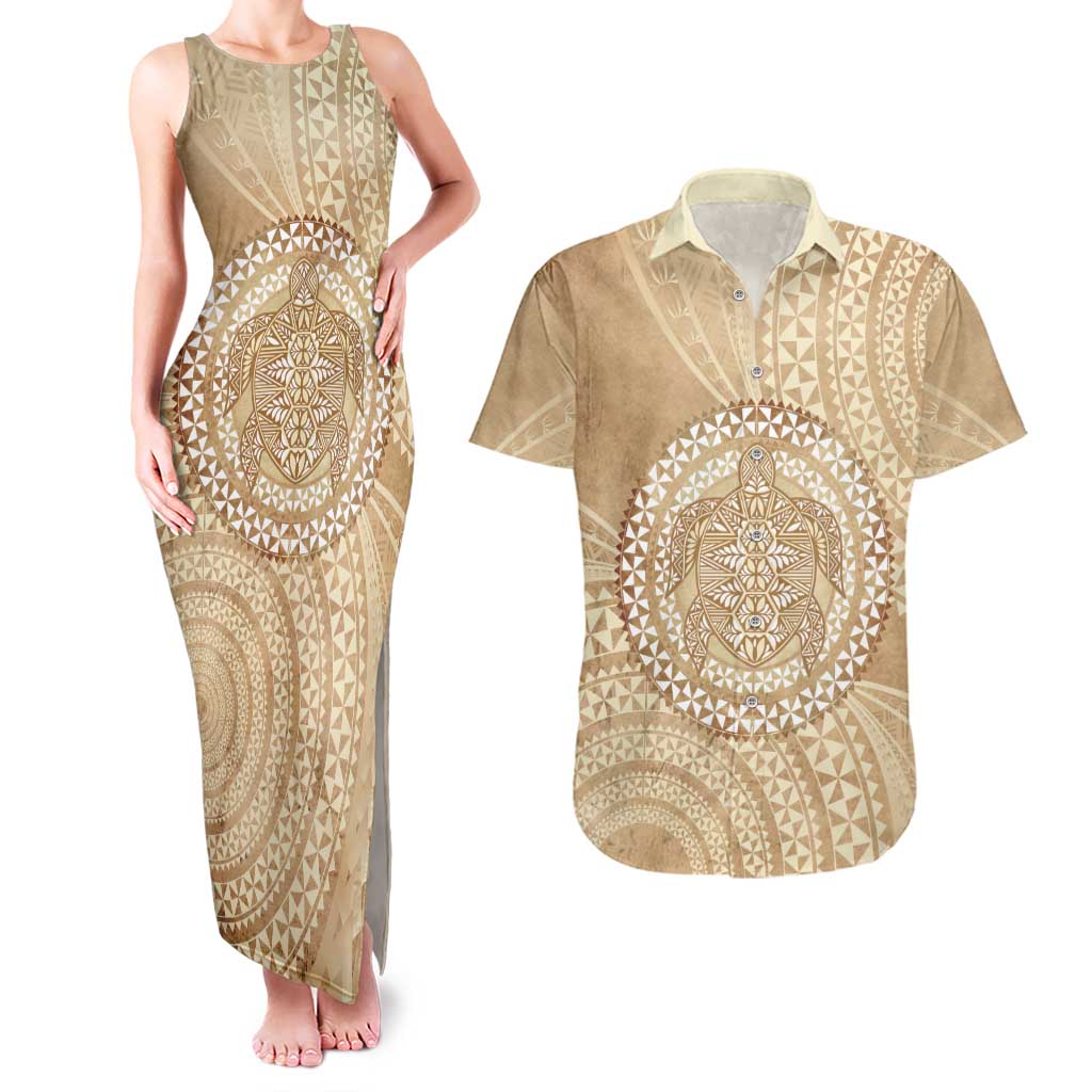 Tonga Ngatu Turtle Couples Matching Tank Maxi Dress and Hawaiian Shirt Vintage Tongan Tapa Cloth