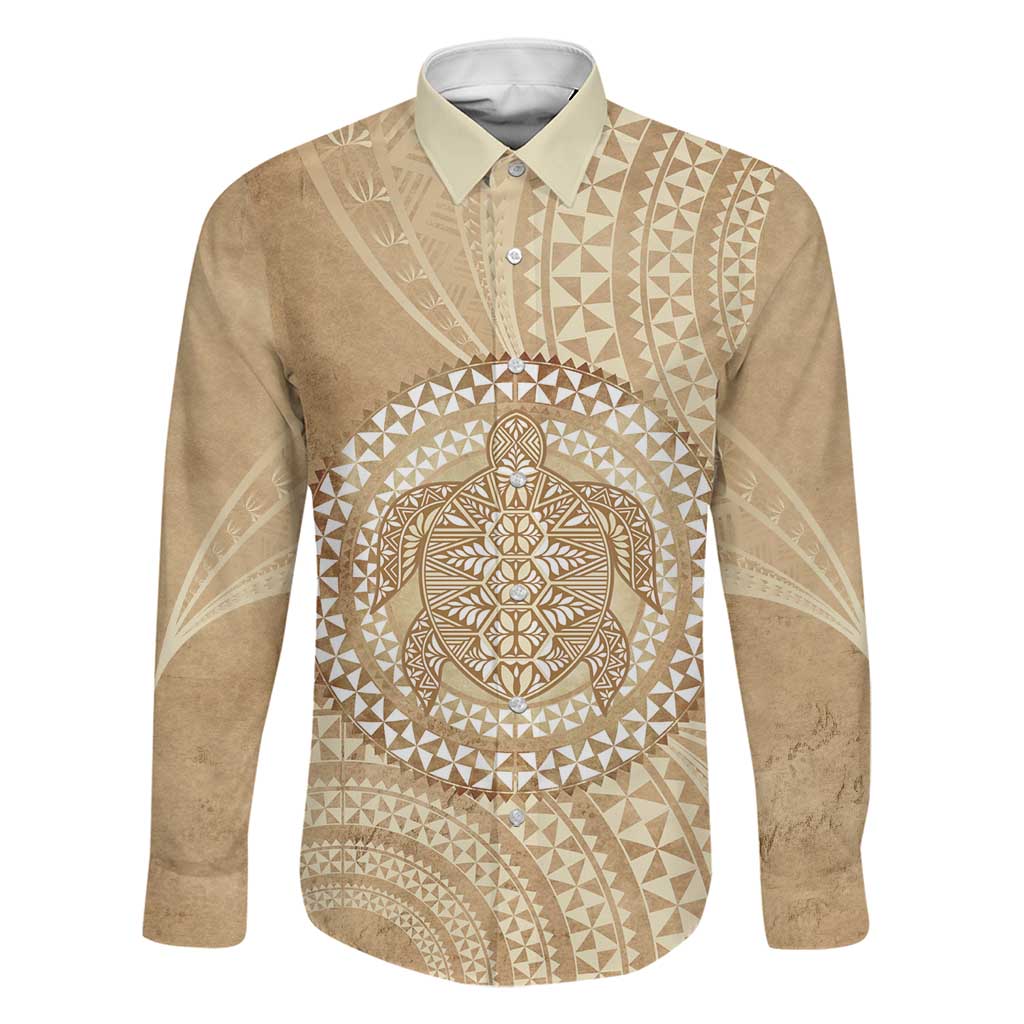 Tonga Ngatu Turtle Family Matching Mermaid Dress and Hawaiian Shirt Vintage Tongan Tapa Cloth LT14 Dad's Shirt - Long Sleeve Brown - Polynesian Pride