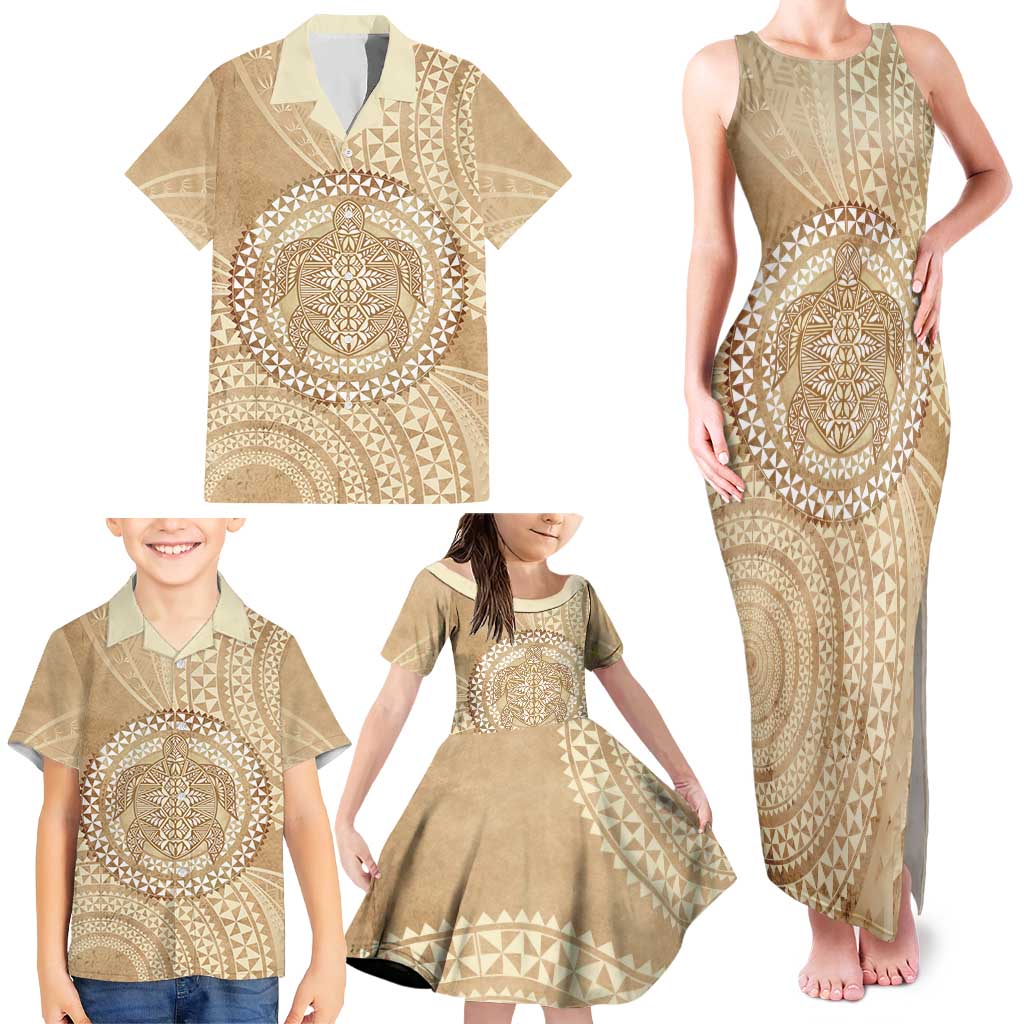Tonga Ngatu Turtle Family Matching Tank Maxi Dress and Hawaiian Shirt Vintage Tongan Tapa Cloth