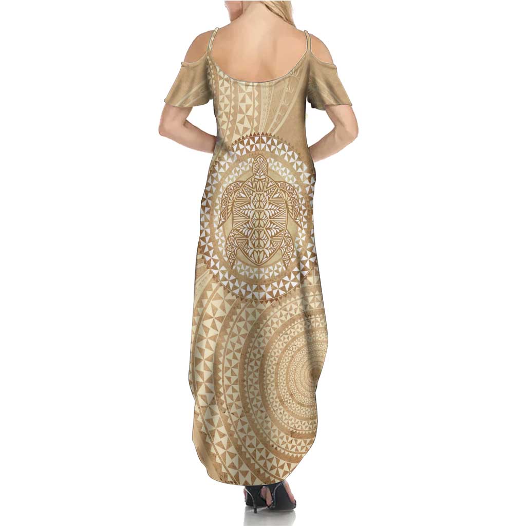 Tonga Ngatu Turtle Summer Maxi Dress Vintage Tongan Tapa Cloth LT14 - Polynesian Pride