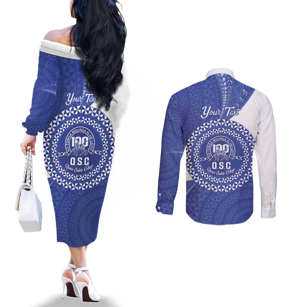 Queen Salote College 100th Anniversary Personalized Couples Matching Off The Shoulder Long Sleeve Dress and Long Sleeve Button Shirt Est 1926 Kolisi Fefine Tongan Ngatu Pattern