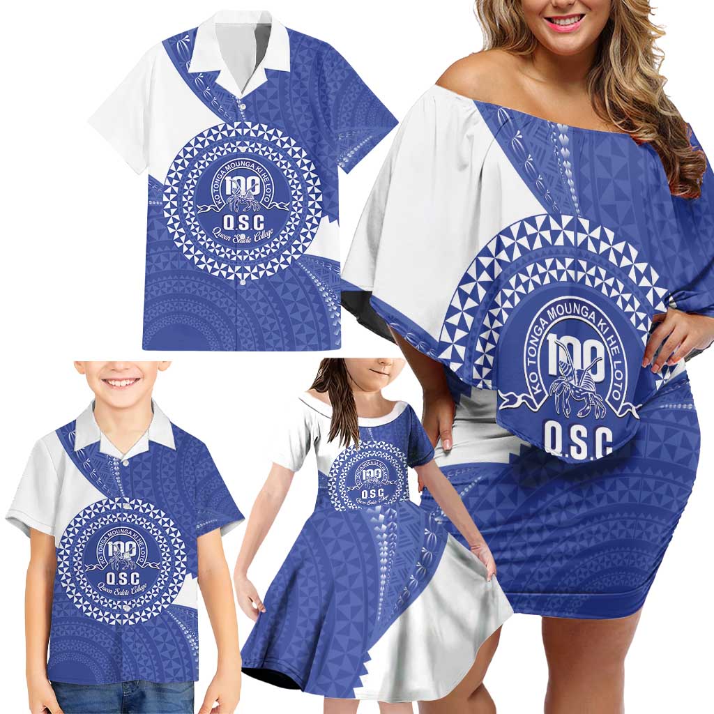 Queen Salote College 100th Anniversary Personalized Family Matching Off Shoulder Short Dress and Hawaiian Shirt Est 1926 Kolisi Fefine Tongan Ngatu Pattern