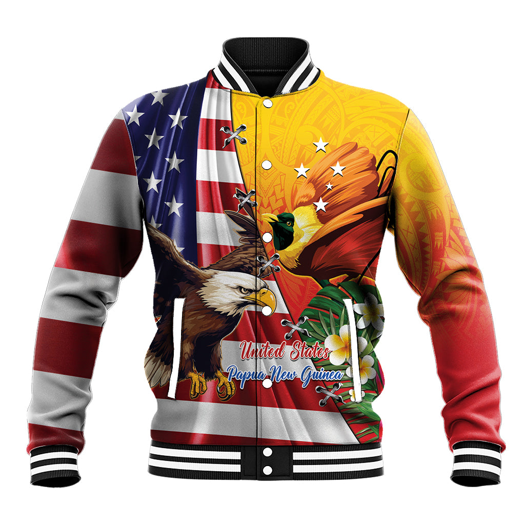 Personalised United States And Papua New Guinea Baseball Jacket USA Eagle With PNG Bird Of Paradise