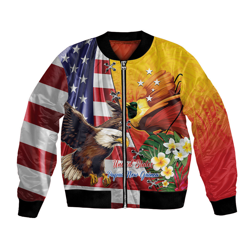 Personalised United States And Papua New Guinea Bomber Jacket USA Eagle With PNG Bird Of Paradise