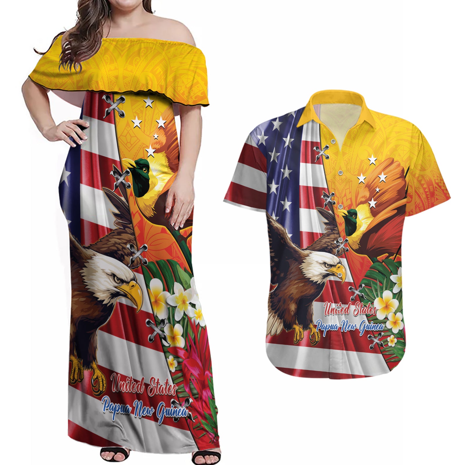Personalised United States And Papua New Guinea Couples Matching Off Shoulder Maxi Dress and Hawaiian Shirt USA Eagle With PNG Bird Of Paradise
