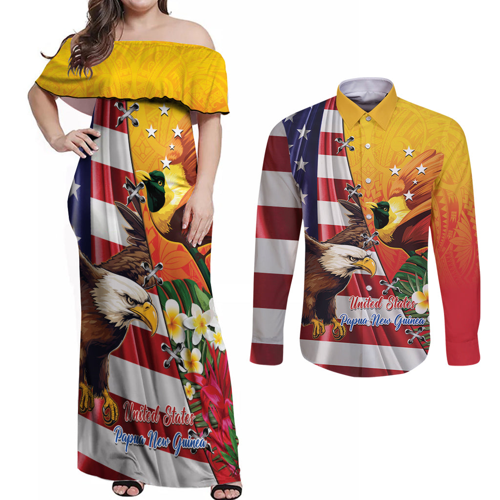Personalised United States And Papua New Guinea Couples Matching Off Shoulder Maxi Dress and Long Sleeve Button Shirt USA Eagle With PNG Bird Of Paradise