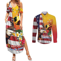Personalised United States And Papua New Guinea Couples Matching Summer Maxi Dress and Long Sleeve Button Shirt USA Eagle With PNG Bird Of Paradise LT14 Red - Polynesian Pride