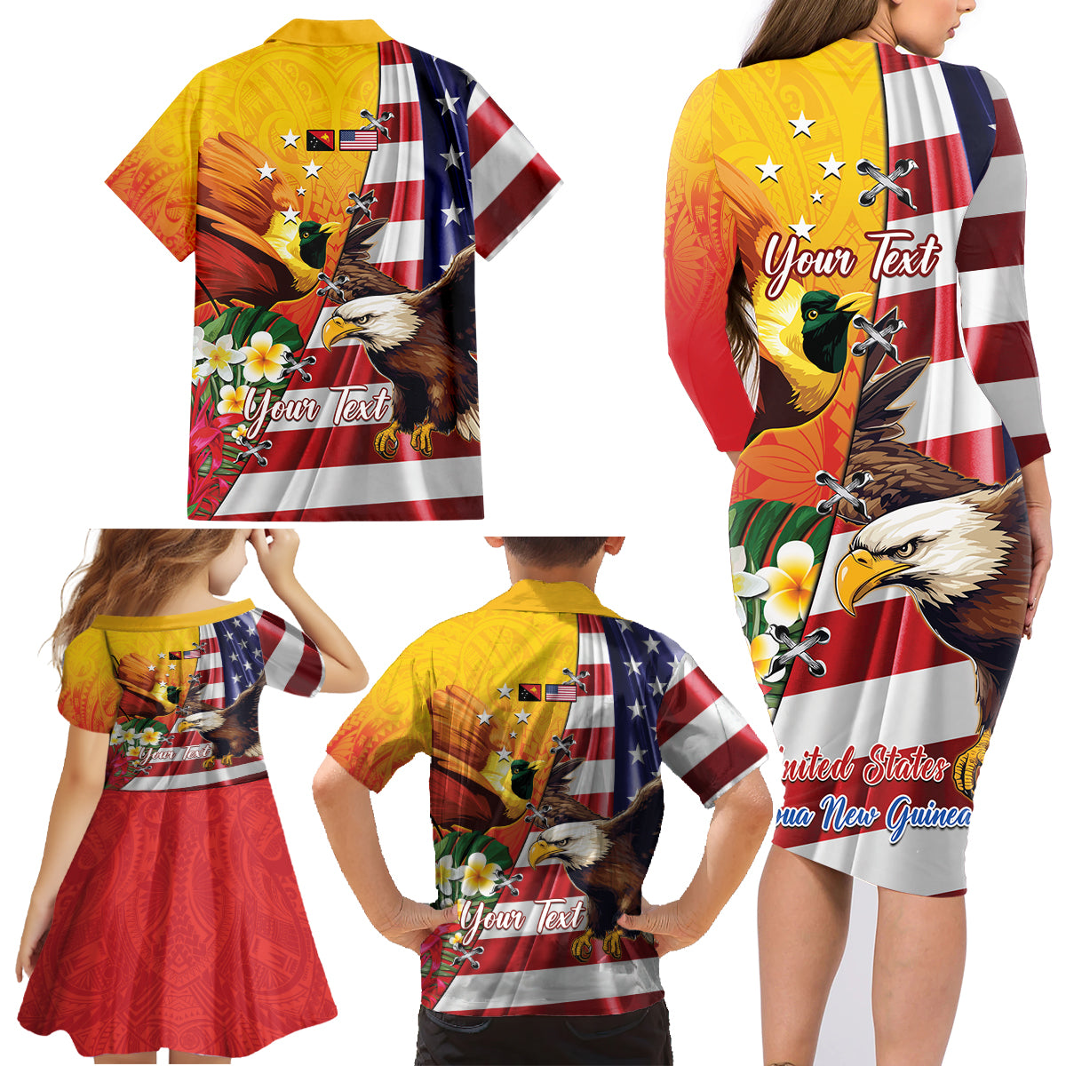 Personalised United States And Papua New Guinea Family Matching Long Sleeve Bodycon Dress and Hawaiian Shirt USA Eagle With PNG Bird Of Paradise