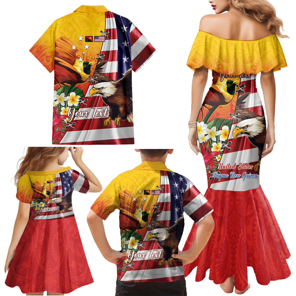Personalised United States And Papua New Guinea Family Matching Mermaid Dress and Hawaiian Shirt USA Eagle With PNG Bird Of Paradise