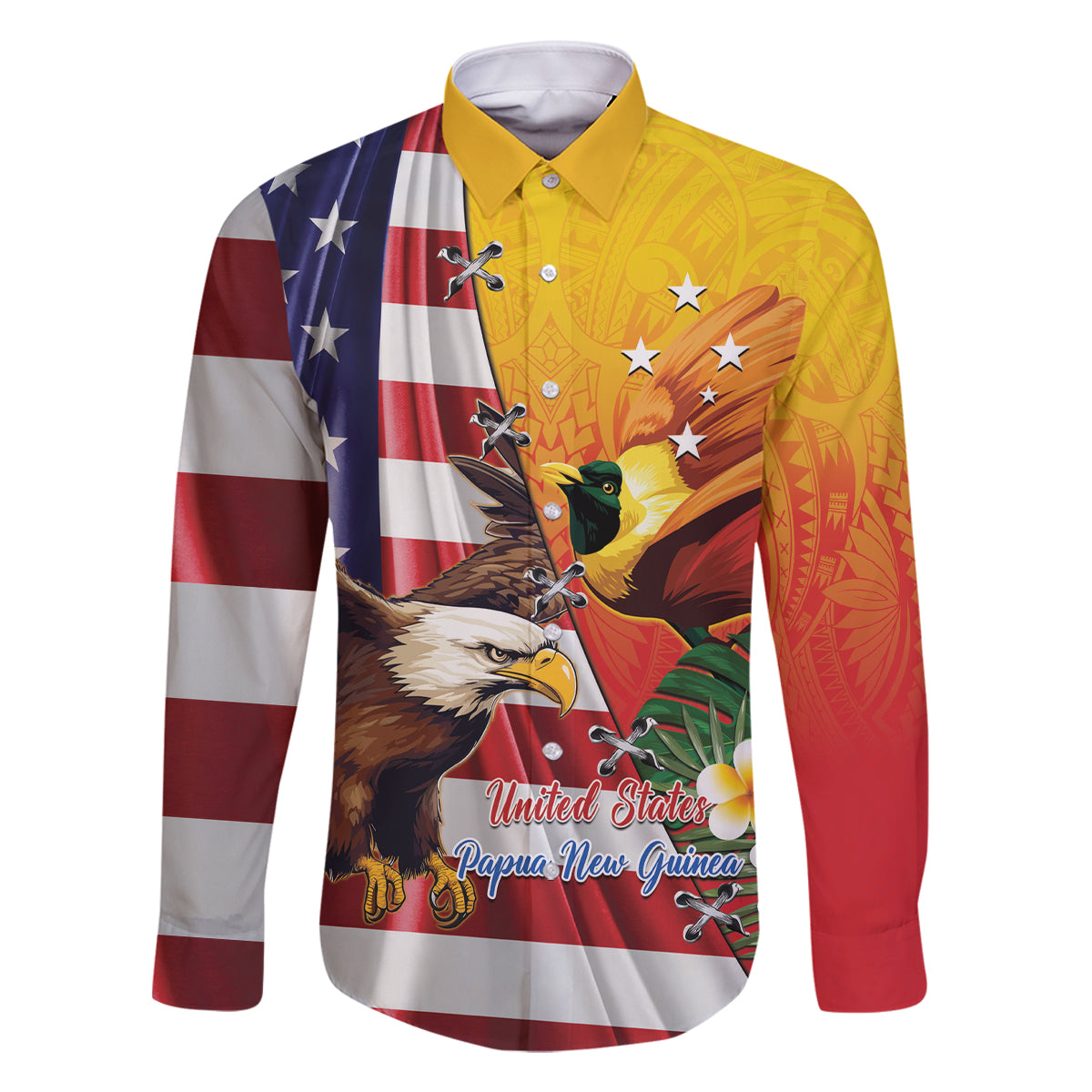 Personalised United States And Papua New Guinea Family Matching Off The Shoulder Long Sleeve Dress and Hawaiian Shirt USA Eagle With PNG Bird Of Paradise LT14 Dad's Shirt - Long Sleeve Red - Polynesian Pride