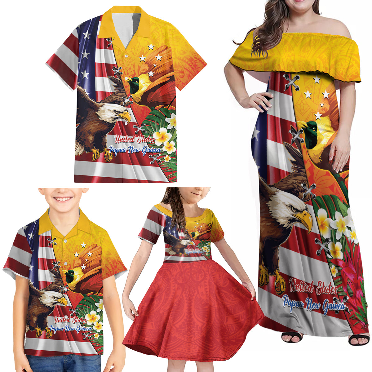 Personalised United States And Papua New Guinea Family Matching Off Shoulder Maxi Dress and Hawaiian Shirt USA Eagle With PNG Bird Of Paradise
