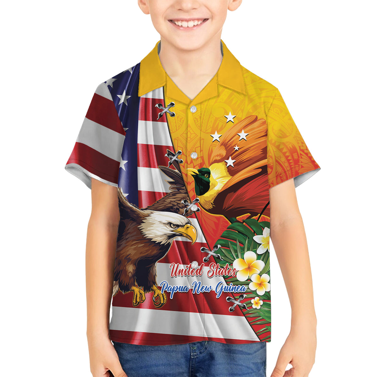 Personalised United States And Papua New Guinea Family Matching Tank Maxi Dress and Hawaiian Shirt USA Eagle With PNG Bird Of Paradise LT14 Son's Shirt Red - Polynesian Pride